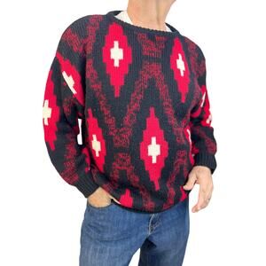 Vintage Espirit Sport Sweater Geometric Diamonds Motif Black Knit Pullover